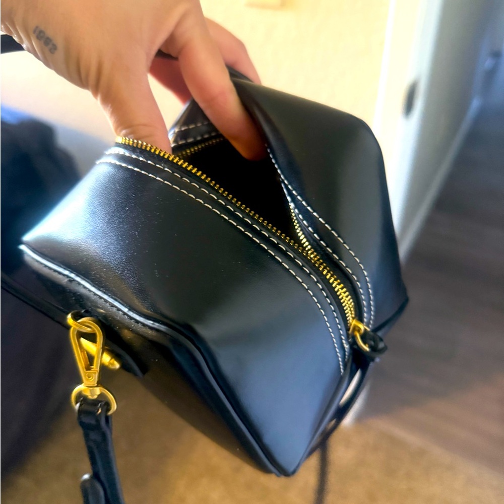 Zara Black Crossbody Bag with White Stitching and Gold Hardware